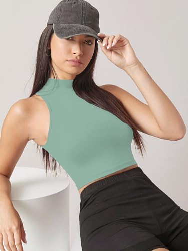 Image of Sugathari Women's & Girls' Solid Ribbed High Neck Sleeveless Crop Tops for Women (Top 37)
