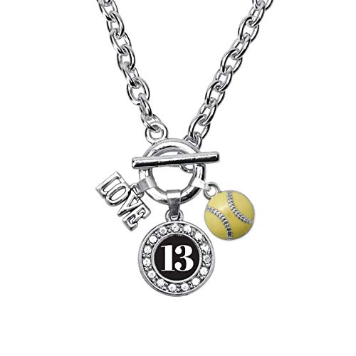 Inspired Silver - Softball - Sports Number 13 Toggle Charm Necklace for Women - Silver Circle Charm 18 Inch Necklace with Cubic Zirconia Jewelry