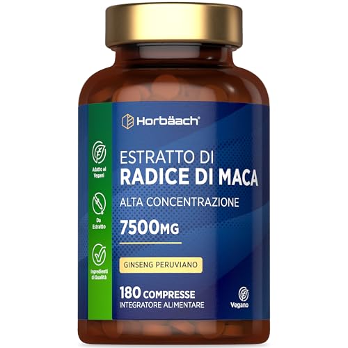 Maca Root Peruviana 7500 mg | 180 compresse vegane (non capsule) | Estratto di radice di maca ad alta resistenza | Supplemento per Donne e Uomini | di Horbach