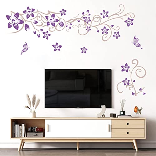 Supzone Flowers Vine Wall Decals Purple Flowers Wall Stickers Butterfly Wall Decor Removable Vinyl Diy Home Wall Art Stickers For Bedroom Living Room Sofa Backdrop Tv Wall Decoration #TOP3