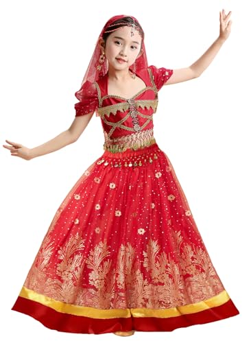 ORIDOOR Belly Dance Dress Girls Indian Bollywood Halloween Costume Princess Jasmine Set 4-Piece Outfit M D-Wine red