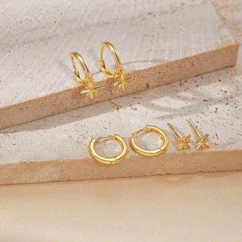 Image of Freekiss 3 Pairs Gold Hoop Earrings Set: Dainty Stud Earrings Trendy Small 14K Gold Plated Hypoallergenic Dangle Cartilage Huggie Hoop Earrings for Women Gold Jewelry for Women Gifts
