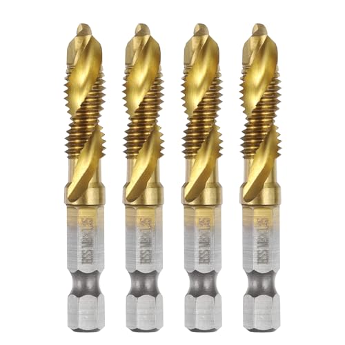 Image of sourcing map 4pcs Combination Drill and Tap Bits Metric M8 x 1.25 Thread 1/4" Hex Shank Titanium Coated Threading Screw Taps 4341 High Speed Steel Machine Drilling Tapping Tool Kit