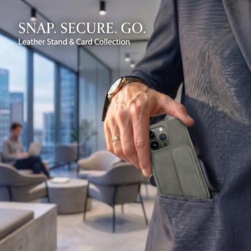 Image of amazon basics Luxury Vegan Leather Back Cover for iPhone 13 Pro | Built-in Card Holder Slot | Integrated Mobile Stand | Slim Shockproof Protective Case with Stitched Finish - Gray