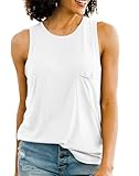 Smile Fish Women's Crew Neck Loose Fit Flowy Tank Top Basic Cotton Sleeveless Shirt Pocket,White,L