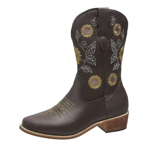 Jefuzh Womens Sunflower Embroidered Low Chunky Heel Mid Calf Boots Fashion Square Toe Pull On Cowboy Cowgirl Boots Winter Walking Western Boots (Brown,11,11)
