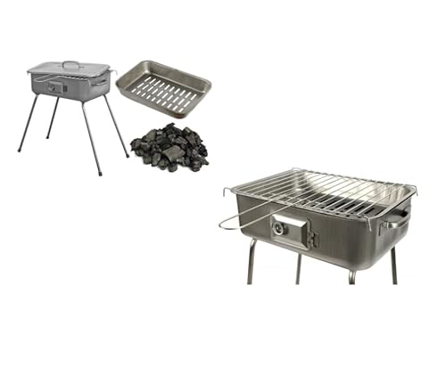 Barbecue fornacella a carbone da giardino terrazza pic nic coperchio grigia in acciaio carbonella pieghevole