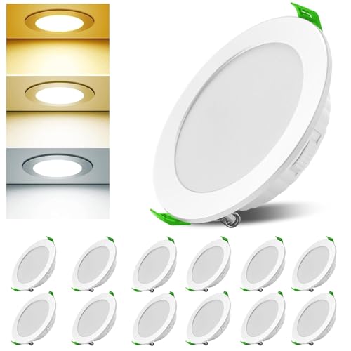 Asstikoo LED Einbaustrahler 230V Dimmbar, 7W 12er Set Einbauleuchten Deckenspots Deckenstrahler Lochöffnung Ø 85-100 mm, IP44 Ultra Flach LED Spots für Badezimmer Wohnzimmer