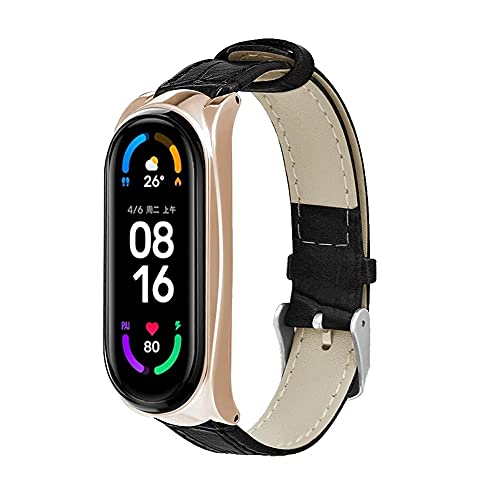 KangPlus Wrist Strap Compatible with Xiaomi Mi Band 6/Mi Band 5 Bracelet,Classical Leather Replacement Wrist Strap Adjustable 7.8 - 9.4 inch with Metal Frame - Black+Gold