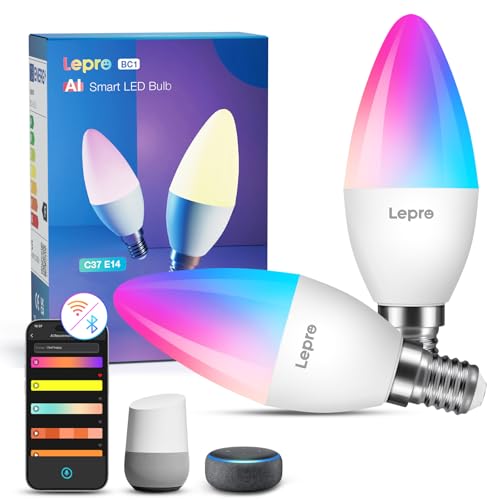 Lepro AI Smart Glühbirne BC1, 4.9W 470LM Glühbirne E14 Dimmbar, Personalisierter KI-Lichtdesigner, RGB+CCT, Kompatibel mit Alexa/Google, Sprachsteuerung/Musik Sync, WiFi & Bluetooth, 2 Stück