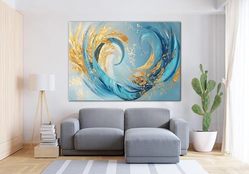 Tableau abstrait bleu et or 50x75 cm idéal pour illuminer un mur de salon moderne