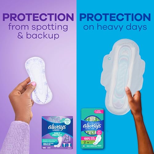 Image of Always Daily Protect Multi-Style Liners, Regular Length, Unscented Panty Liners, Up to 100% Odor Free and Fragrance Free, Cleanguard Quilted Core Absorbs Wetness and Odors, 108 Count