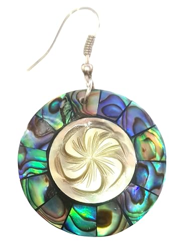 Paua Abalone Shell Earrings, Hand Carved Flower Mother of Pearl Earrings, Dangle Drop Round Abalone Shell Earrings for Women Jewelry CA1383