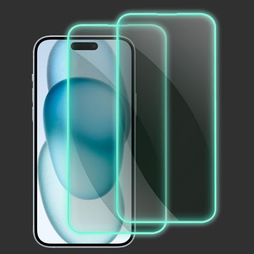 AKARMOVO 2 Pack Luminous Airbag Tempered Glass Screen Protector for iPhone 15 Plus 6.7 Inches, HD Clear Film with Glowing Raised Edges, Strong Protection and Amazing Look