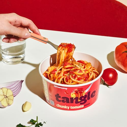 Image of Samyang Tangle Chunky Tomato Pasta Bowl | By the Maker of Buldak Ramen | Linguine Pasta | Mukbang | 15g of Protein | 6g of Fiber | Chick Pea based | Easy Prep | Convenient | 6 Bowls