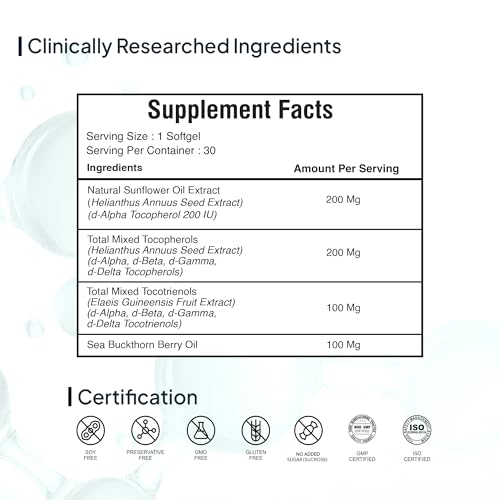 Image of Miduty Mixed Tocopherols & Tocotrienols - Full Spectrum Vitamin E Supplement - With Sunflower & Sea Buckthorn Oil - Natural Antioxidant Support for Skin, Heart & Brain Wellness - 30 Veg Softgels
