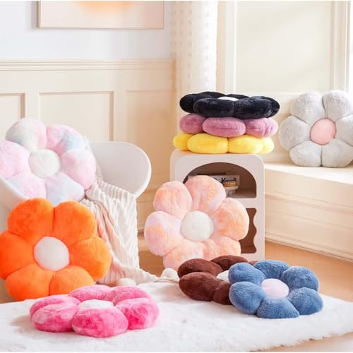 Image of Kcvvcr Beige Flower Pillow, Cute Decorative Flower Shaped Throw Pillow with Faux Rabbit Fur, 14.9 inch Soft Daisy Plush Floor Cushion Aesthetic Room Decor for Bed Sofa Couch