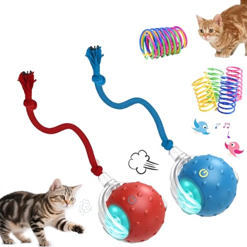 2-Pack Interactive Cat Toys Ball - 2025 New Gen with 360° Auto-Rotation Smart Obstacle Avoidance,Includes 8 Cat Spiral Spring,2 Speedy Tail 2.0 Ropes,Ideal Kitten Toys for Bored Indoor Cats(Red&Blue)