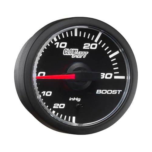 GlowShift 45mm 30 PSI Turbo Boost Pressure Gauge Kit - Includes Electronic Sensor & Wiring Harnesses - Black Dial - White LED - Compact Design