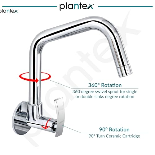Image of Plantex Sink tap for Kitchen Basin /Pure Brass Kitchen Tap with Brass Wall Flange and Water Saving Nozzle /Tap for Wash Basin /Kitchen Faucet (Chrome, ZUR-1508)