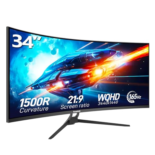 34 Inch Ultrawide Curved Gaming Monitor, 1500R PC Screen 165hz UWQHD 3440×1440, Curved Computer Display with FreeSync & Eye-Care Technology, DP, HDMI, Support Wallmount