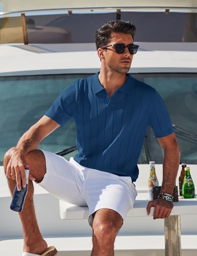 Image of COOFANDY Mens Polo Shirts Short Sleeve V Neck Knit Shirts for Men Casual Old Money Clothes Mens Golf Shirt