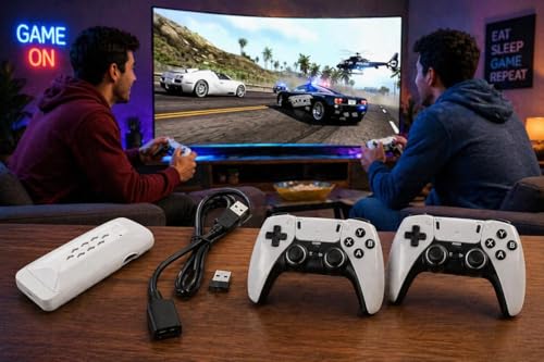 Image of BVG M22 Retro Game Stick Wireless HD Console | 64GB, 30,000+ Games, 50+ Emulators | 4K HDMI Plug & Play Gaming System with Dual Controllers (White)