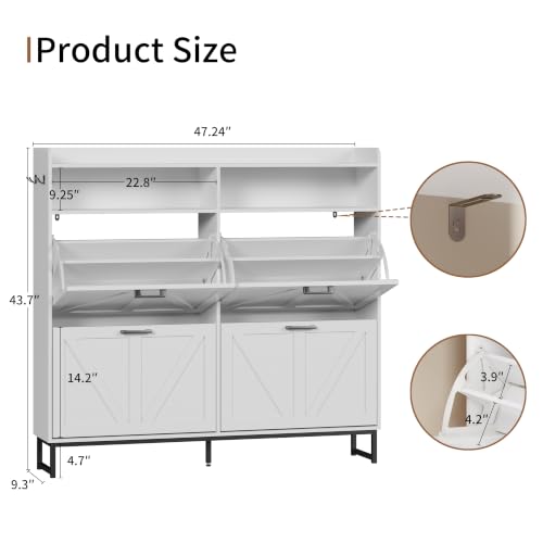 Image of Shoe Cabinet with 4 Flip Drawers, Freestanding Hidden Shoe Storage Organizer for Entryway, Narrow Slim Shoe Rack Cabinet with Open Storage & Hooks for Front Door Entrance, Living Room, Hallway, White