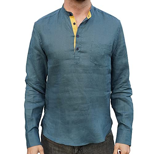 Chemise lin irlandais col Henley bleu sarcelle pour les soirées d'été