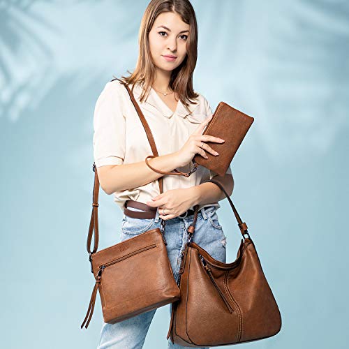 Realer Dames handtassen grote shopper lederen handtas schoudertas portemonnee hobo dames tassen set voor kantoor school winkelen reizen 3 stuks Leder, Bruin-pistool kleur ritssluiting - Image 7