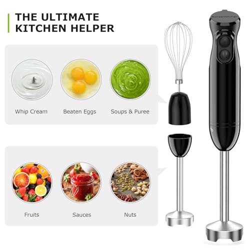 Bonsenkitchen Hand Blender, 3-in-1 Immersion Blender handheld, Stick Blender Electric with Stainless Steel Blade, Egg Whisk, 700ml Beaker for Making Baby Food, Soups, HB3202 (Black)