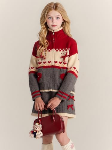 Image of Girls Christmas Outfit Skirt Set,Zip Cardigan Sweater with Skirt 2 Piece Outfit, Fall Clothes for Girls 6-16Y