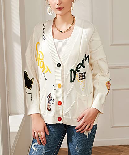 yoeasy Women's Embroidery V Neck Knit Cardigan Sweater Loose Open Front Button Down Long Sleeve Sweater2