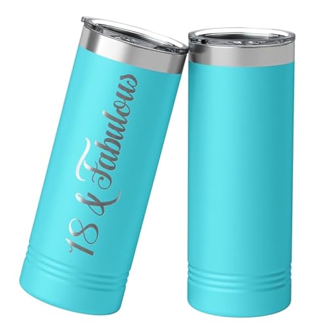 18 & Fabulous 22 oz Skinny Tumbler 18th Birthday Gifts For Girls on Lite Blue Decorations Funny Present Vacuum Insulated Cup with Lid