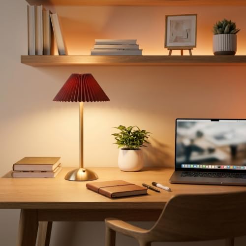 Image of NYRWANA Cordless Table Lamp Metal | 2000mAh Battery | Home Decor, Desk Lamps for Bedroom, Living Room, Study Room, Stepless Dimming, 3 Colour Touch Control, USB-C Charging (Red)