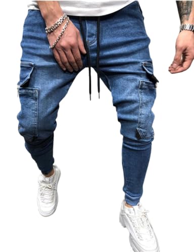 IDEALSANXUN Mens Cargo Slim Fit Skinny Stretch Jeans Denim Pants with Drawstring
