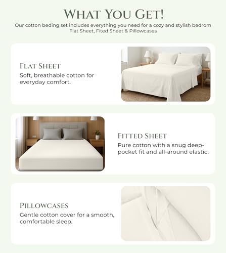 Image of ROYALE LINENS 100% Organic Cotton Twin Sheet Set - 16 inch Deep Pocket Bed Sheets - Eco Friendly Ivory Bed Sheets - Sabanas Twin - 1 Flat, 1 Fitted & 1 Pillowcases - Ivory Sheet Set - Cotton Bedding Sets