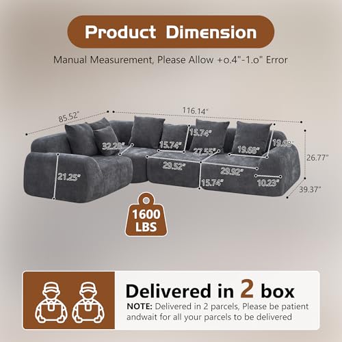 Image of KEIKI 118 inch Oversized Cloud Sectional Couches for Living Room, Comfy Velvet Curved Sectional Boneless L-Shape Chaise Sofa with Compression Memory Foam, No Assembly Modular Sofa for Home Space, Grey