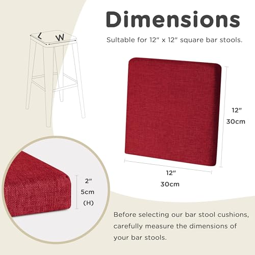 Image of AddGrace Anti-Slip Bar Stool Cushions Square Bar Stool Seat Cushions with Ties Set of 2 Small Square Chair Pads with Machine Washable Cover 12 inchX12 inchX2 inch (Red)