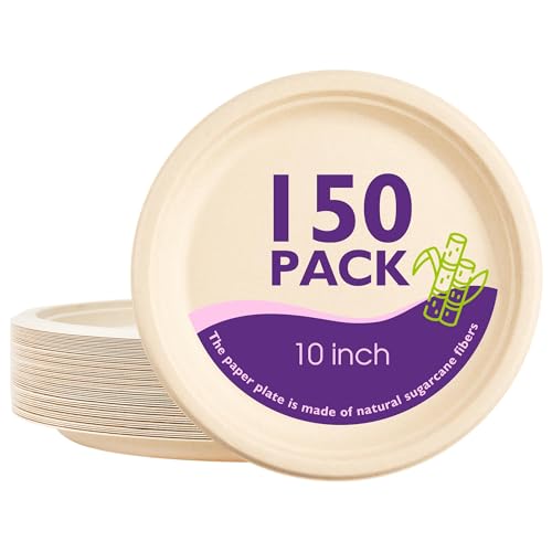 PACKINNO 10 Inch 150 Pack Compostable Paper Plates Round Unbleached Brown Plates Made from Natural Sugarcane Fibers Biodegradable Heavy Duty Disposable Plates for Party Camping Picnic