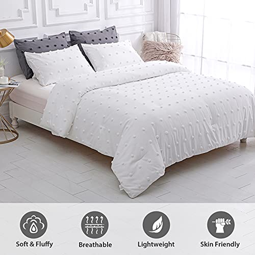 Luckybull Tufted Comforter Set 3 Pieces Queen Size Bedding Set ( 1 Jacquard Lightweight Comforter With 2 Pillowcases), Chenille Dots Soft All Season Down Alternative Comforter Set For Bedding, White #TOP1
