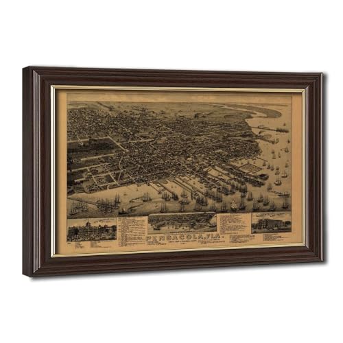 Carte Pensacola Floride 1885 impression panoramique sur toile décoration murale vintage 61x91cm