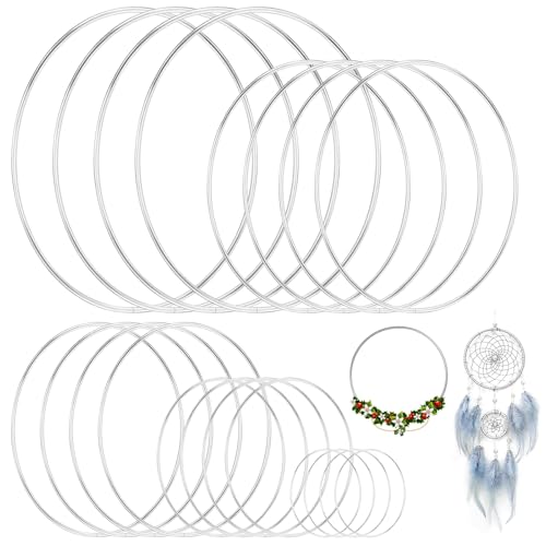 20 Pezzi Anelli in Metallo, 4.5/10/15/18/20cm Cerchio Floreale in Metallo, Cerchi per Acchiappasogni, per la Produzione di Ghirlande, Acchiappasogni e Fai Da Te, Decorazioni per Feste(Argento)