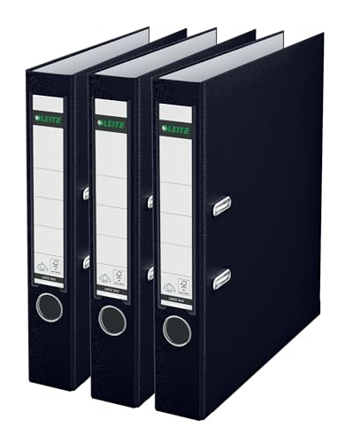 Leitz Qualitäts-Ordner 180 Plastik 3er Pack das Original A4 Aktenordner 5 cm schmal 90% Recycling-Karton 30% Pre-Consumer Recycling-Kunststoff Mit 180 Mechanik 350 Blatt Schwarz 310345095