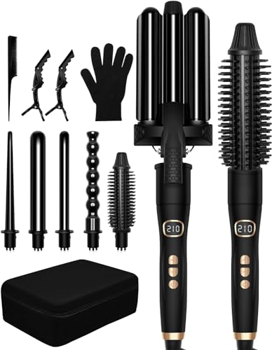 Tenacillas de Pelo Profesional 6 in 1, Rizador Pelo,Tenacillas Pelo con LCD 80 ° C- 210 °C,Tenacillas Para Rizar el Pelo 9mm-32mm,Plancha Ondas al Agua con Caja de Almacenamiento