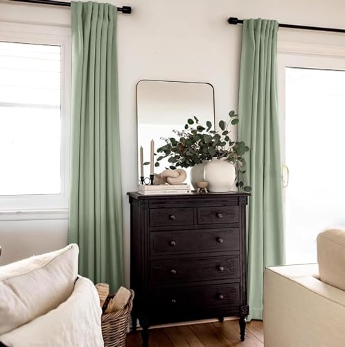 INOVADAY 100% Blackout Curtains 90 Inches Length 2 Panels Set, Back Tab/Rod Pocket Linen Black Out Curtains for Bedroom, Thermal Insulated Window Drapes - Sage Green, W50 X L90