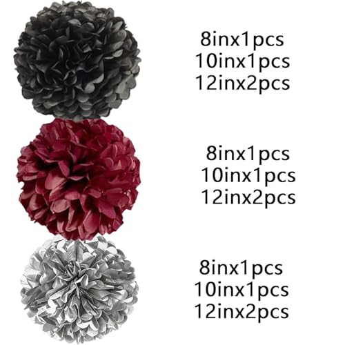 Image of Black Burgundy and Silver Paper Pom Poms for Wedding Birthday Black Gold Party Decoration - Ceiling Wall Hanging Tissue Flowers - 12pcs 3 Colors of 12 Inch 10 Inch 8 Inch