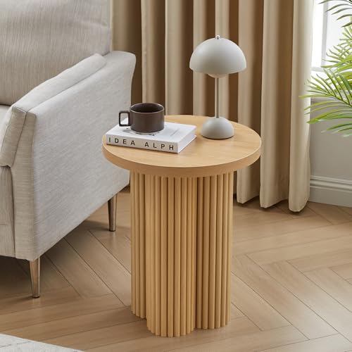 Image of Round Fluted End Table, 17.7'' Mid Century Modern Side Table, Circle Bedside Tables Drink Table Wood Nightstand for Small Spaces, Living Room (Natural-1PCS)