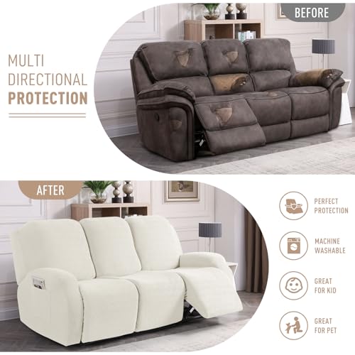 Image of KinCam Recliner Covers, Stretch Reclining Chair Covers, Recliner Sofa Slipcovers Stripe Jacquard Recliner Couch Covers Furniture Protector Covers for Pet Kid (3 Seater, Cream)