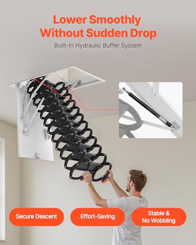 VEVOR Dachbodenleiter, Tragkraft 299,4 kg, passend für Deckenhöhen von 2,9-3,1 m & Öffnungsgröße von 1000,76x698,5 mm, Scherentreppe aus legiertem Stahl mit Zugstange für Dachboden